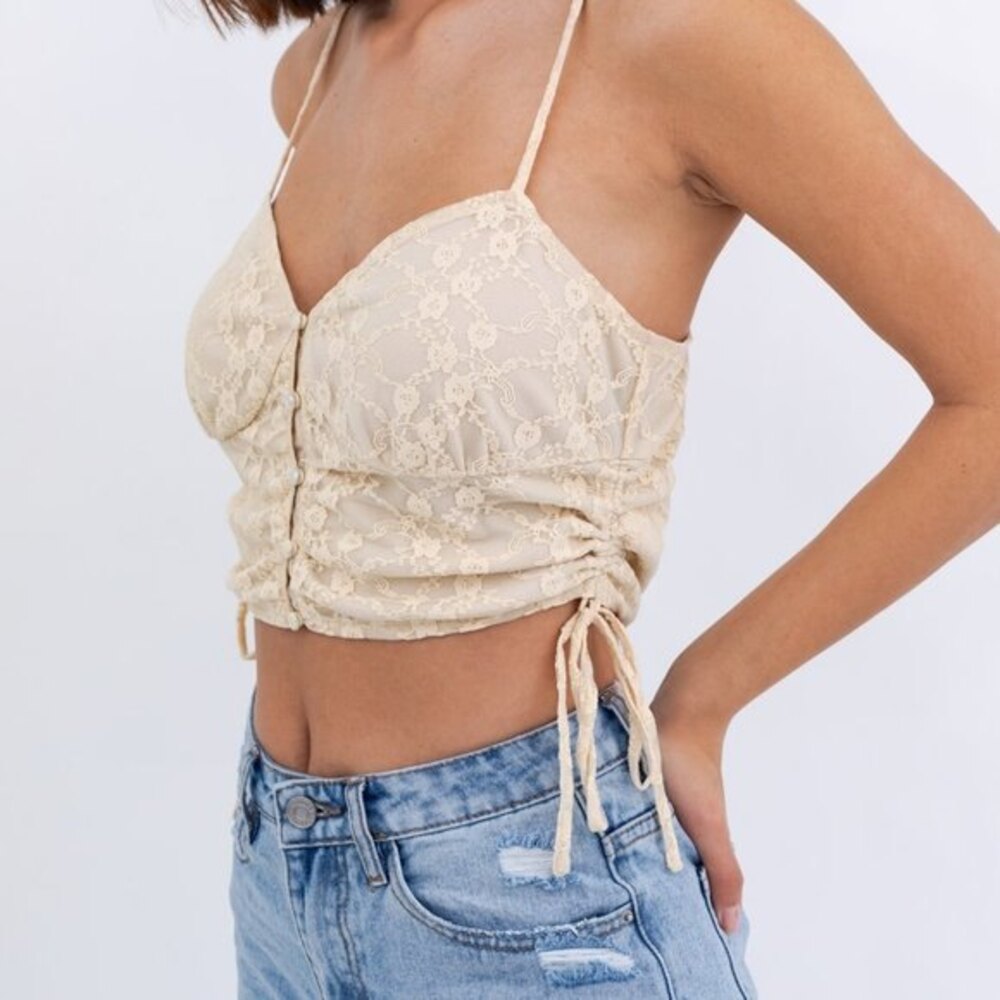 Le Lis Lace Crop Top Women’s Small Ruched Cami Beige Boho Y2K Festival Top